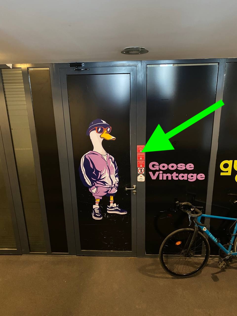 Drzwi z napisem Goose Vintage wewnątrz budynku